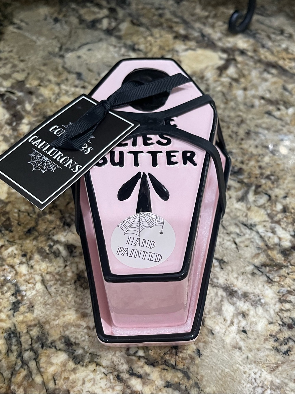 Cobwebs and Cauldrons pink coffin covered butter dish  HERE LIES BUTTER ….NEW!